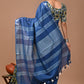 Ink Blue Linen Saree With Extra Ajrakh Printed Blouse