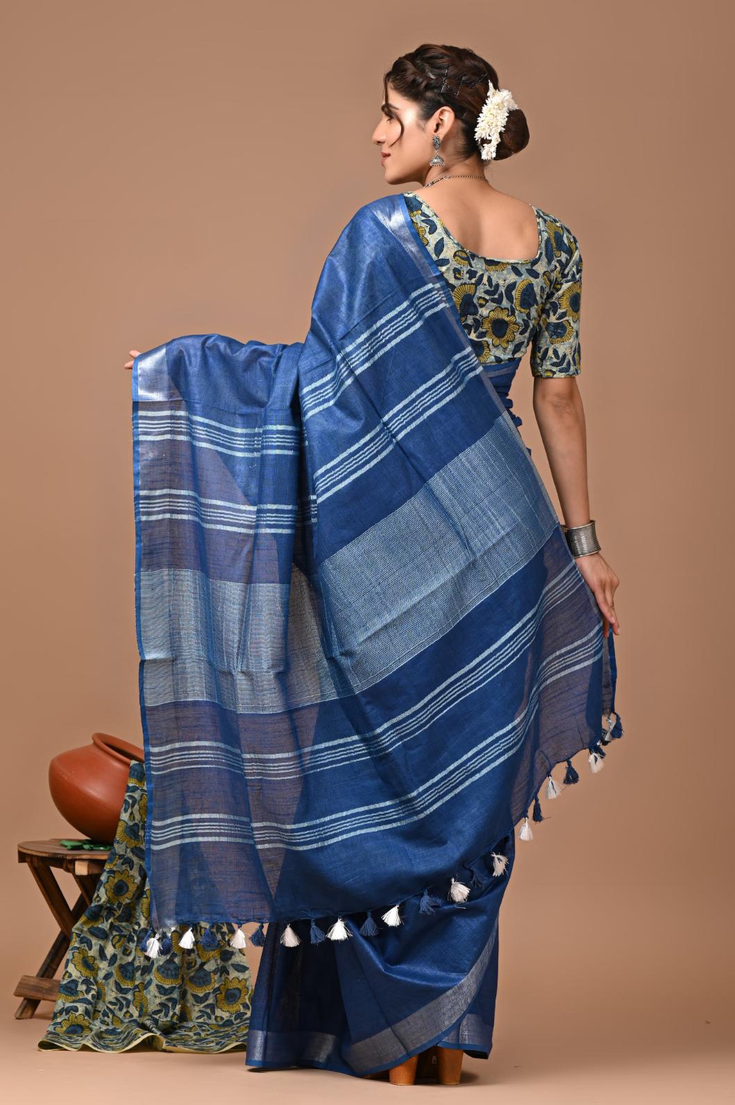 Ink Blue Linen Saree With Extra Ajrakh Printed Blouse