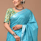 Sky Blue Linen Saree With Extra Ajrakh Blouse