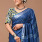 Ink Blue Linen Saree With Extra Ajrakh Printed Blouse