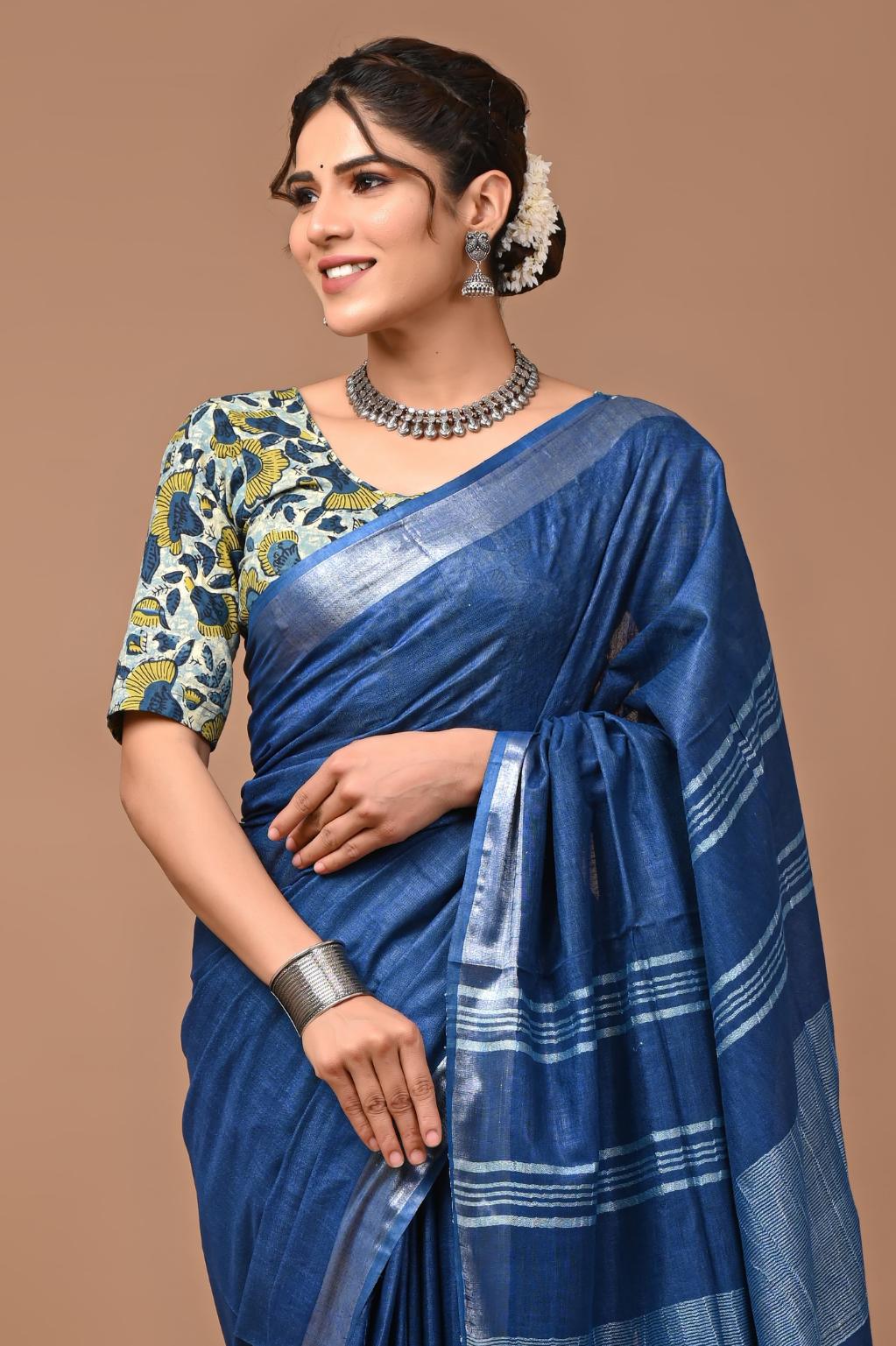 Ink Blue Linen Saree With Extra Ajrakh Printed Blouse