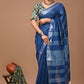 Ink Blue Linen Saree With Extra Ajrakh Printed Blouse