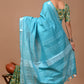 Sky Blue Linen Saree With Extra Ajrakh Blouse