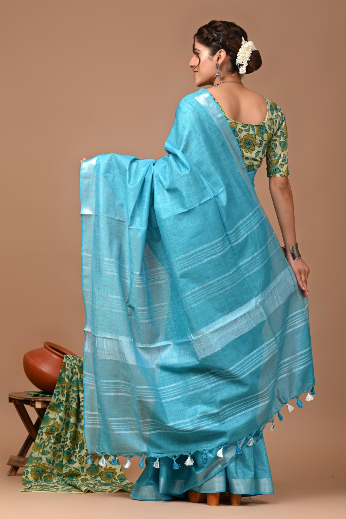 Sky Blue Linen Saree With Extra Ajrakh Blouse