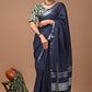 Navy Blue Linen Saree With Extra Ajrakh Printed Blouse