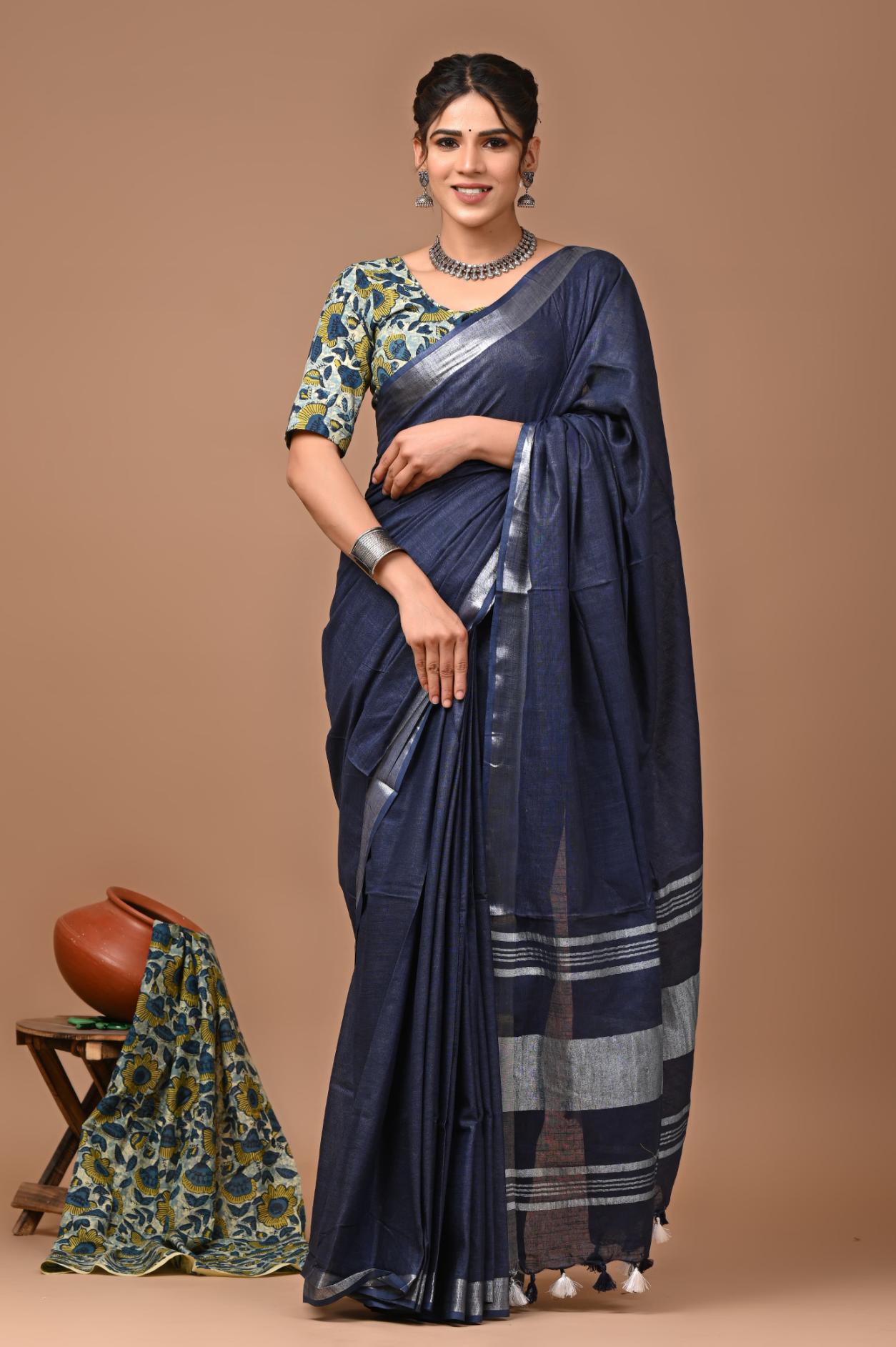 Navy Blue Linen Saree With Extra Ajrakh Printed Blouse