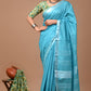 Sky Blue Linen Saree With Extra Ajrakh Blouse