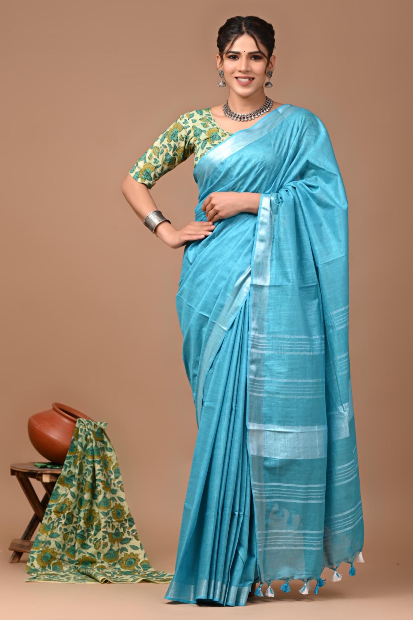 Sky Blue Linen Saree With Extra Ajrakh Blouse