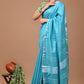 Sky Blue Linen Saree With Extra Ajrakh Blouse