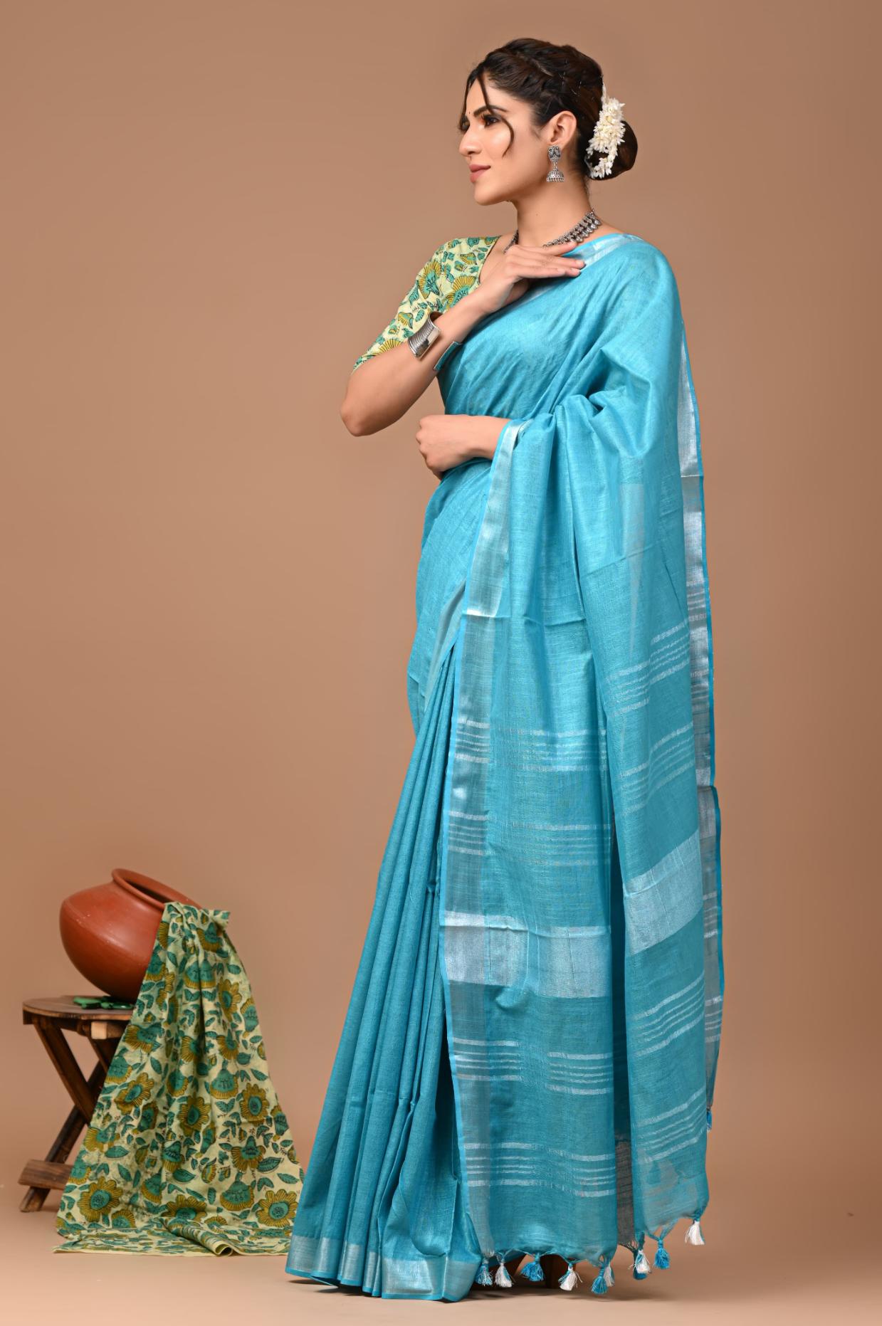 Sky Blue Linen Saree With Extra Ajrakh Blouse