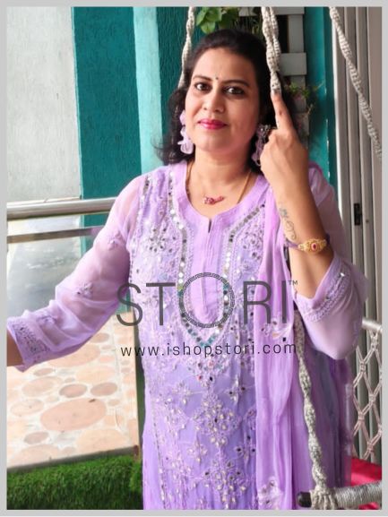 Madhavi in Lavender Ombre Style Georgette Chikankari Kurti Palazzo Dupatta Set With Mirror Work