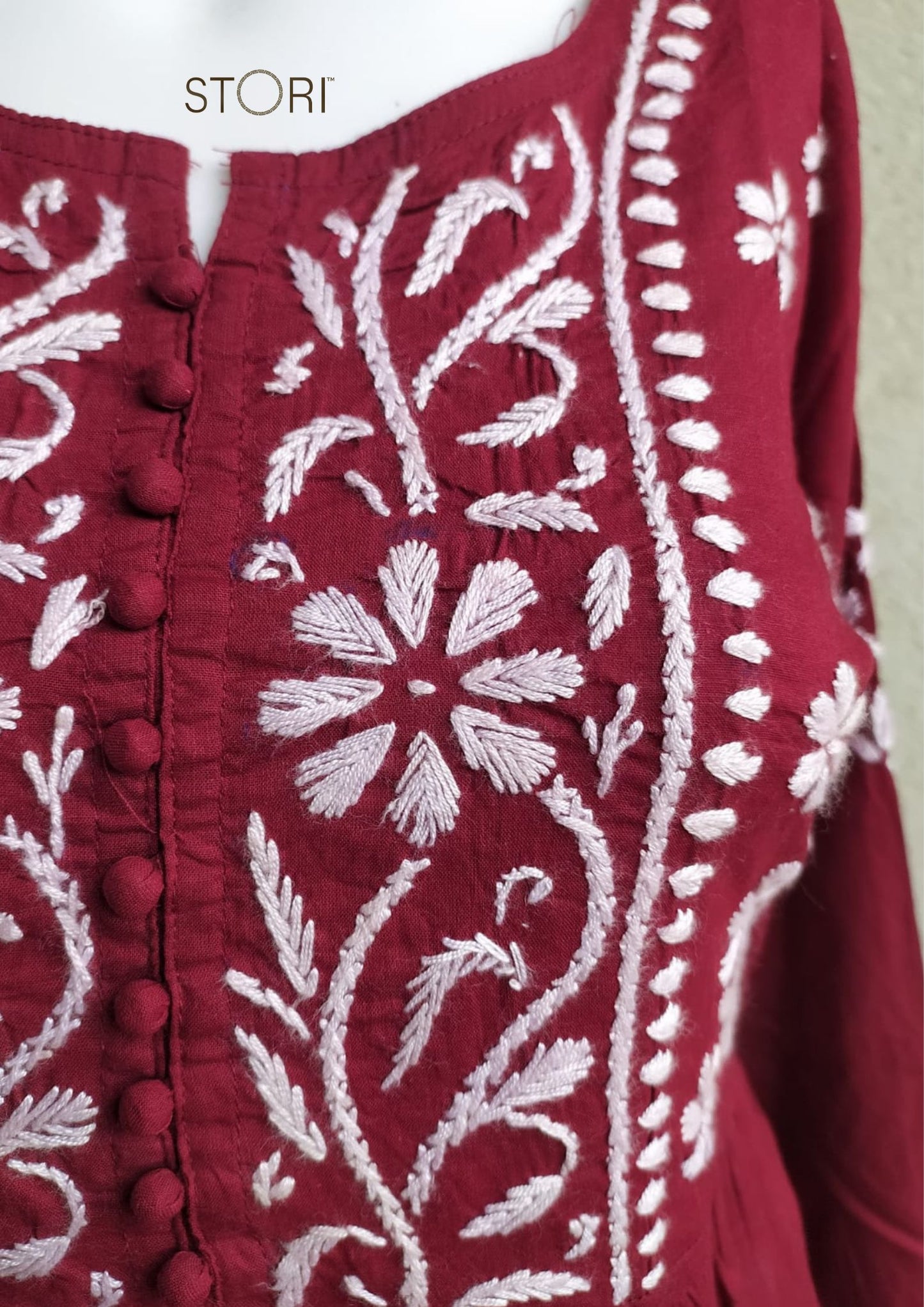 Maroon Flared Cotton Short Chikankari Kurti