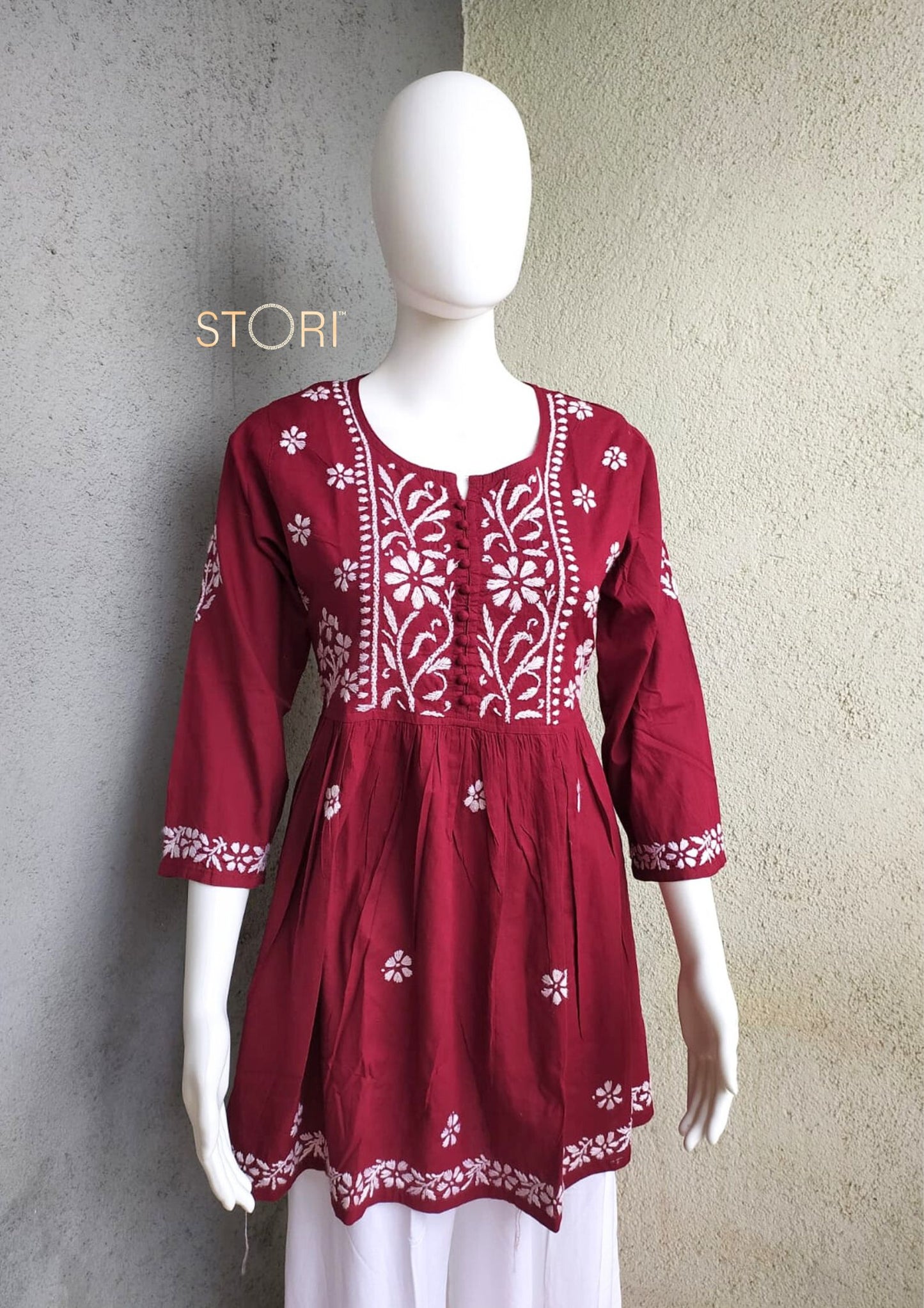 Maroon Flared Cotton Short Chikankari Kurti