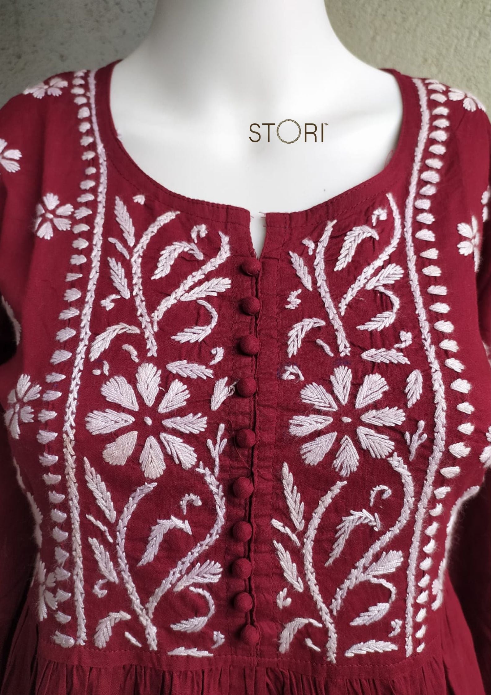 Maroon Flared Cotton Short Chikankari Kurti