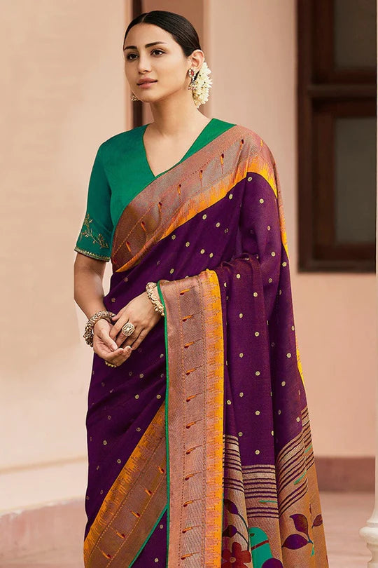 Magenta Pathani Saree With Embroidered Blouse