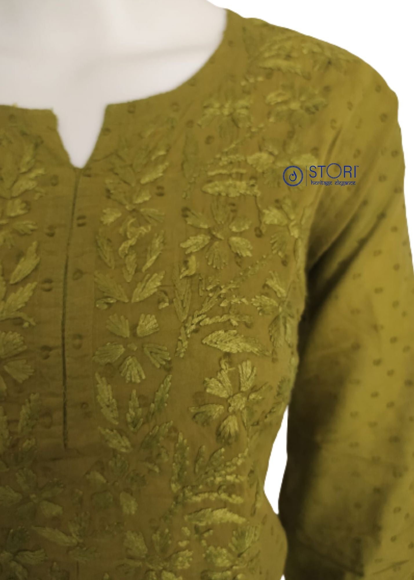 Mehendi Green Dobby Cotton Short Chikankari Kurti