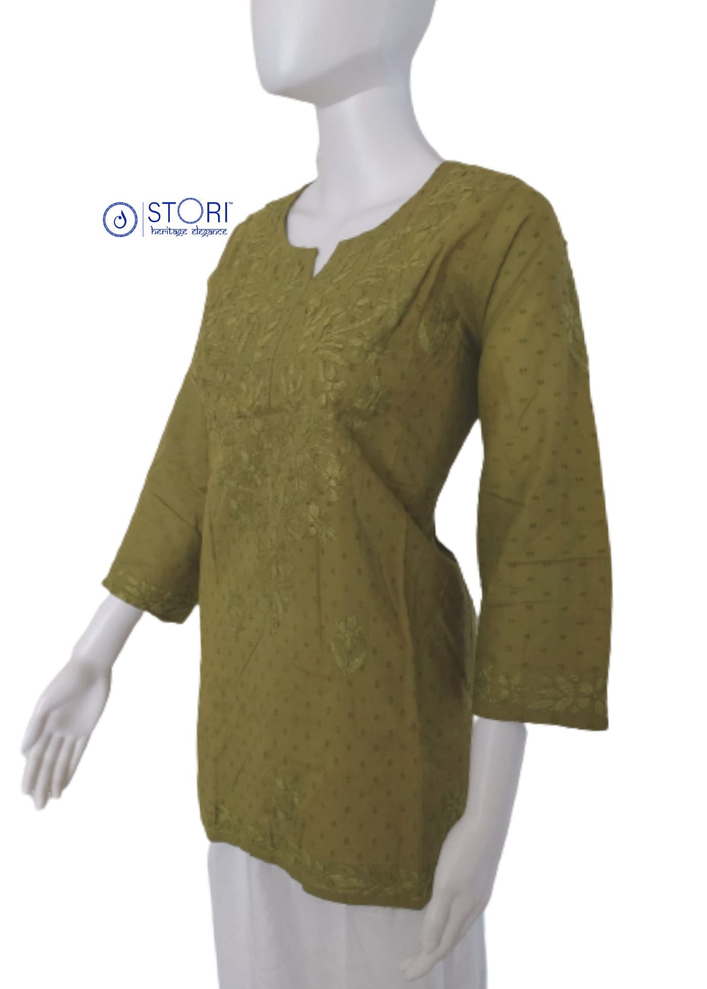 Mehendi Green Dobby Cotton Short Chikankari Kurti