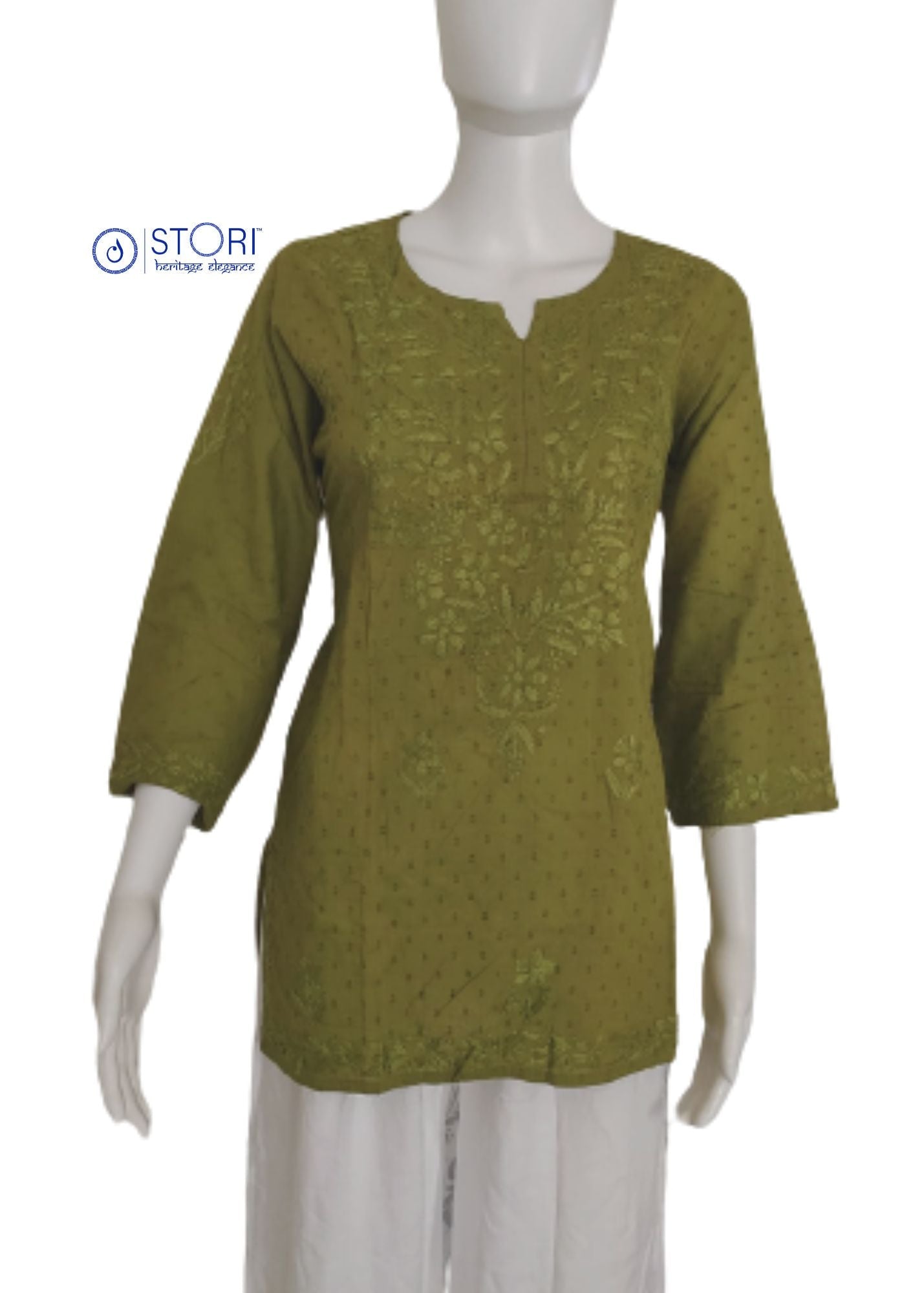 Mehendi Green Dobby Cotton Short Chikankari Kurti