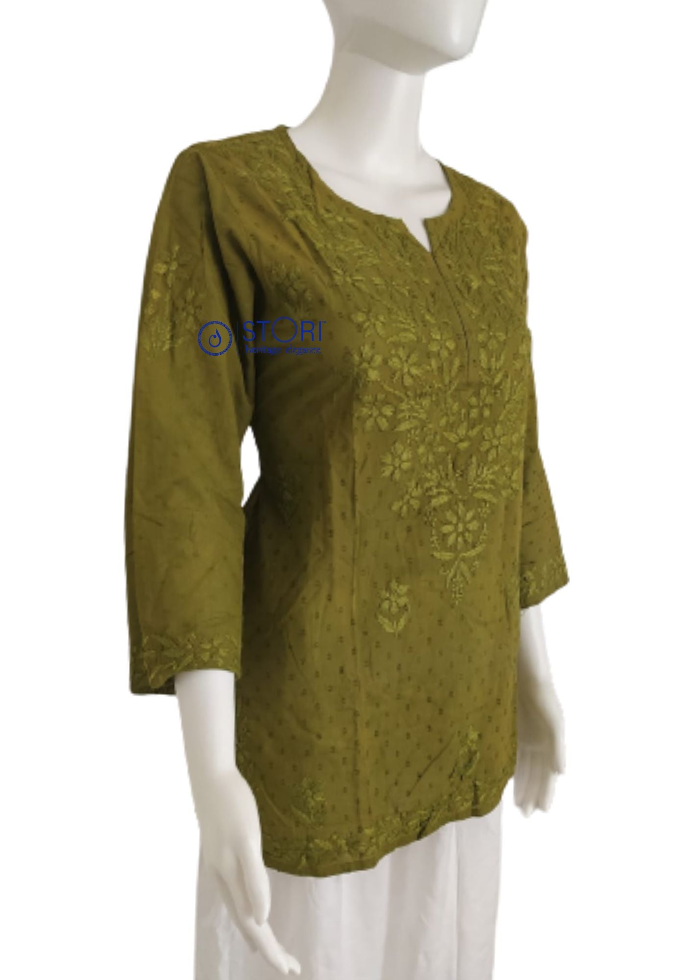 Mehendi Green Dobby Cotton Short Chikankari Kurti