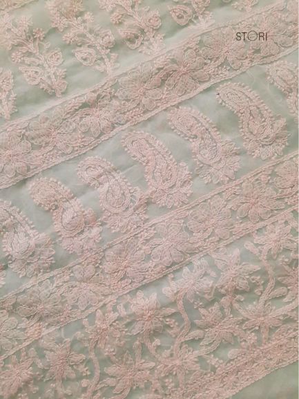 Mint Green Noor Full Jaal Hand Embroidered Lucknowi Chikankari Saree