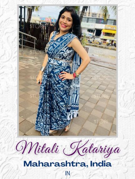 Mitali Katariya in Indigo Blue Sitaar Printed Handloom Cotton Mulmul Saree