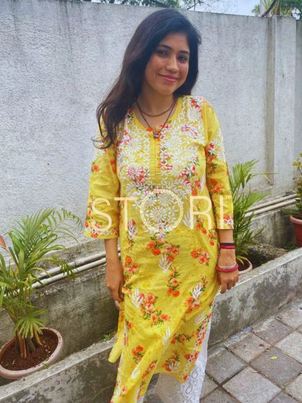 Floral Yellow Cotton Mulmul Chikankari Kurti