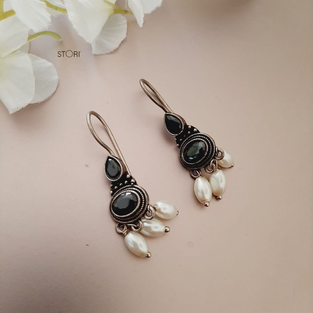 Mihika Pearl and Stone Dailywear Oxidized Drop Earrings