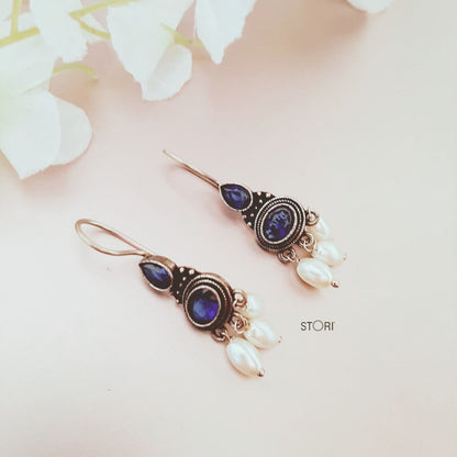 Mihika Pearl and Stone Dailywear Oxidized Drop Earrings