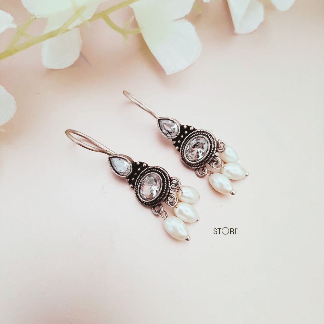 Mihika Pearl and Stone Dailywear Oxidized Drop Earrings