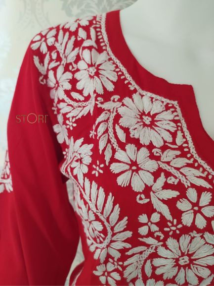 Neevya Red Soft Modal Handcrafted Short Chikankari Kurti