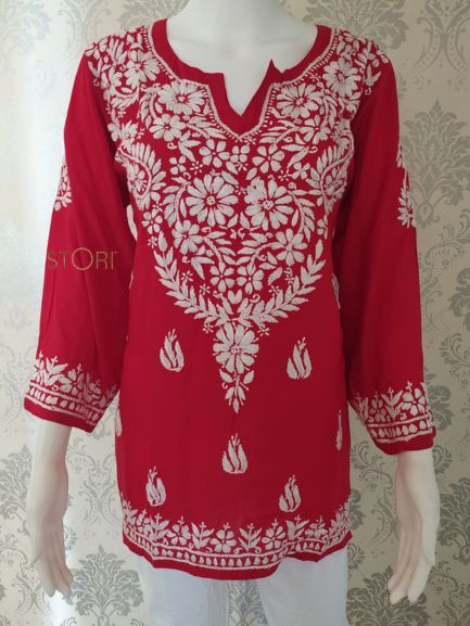 Neevya Red Soft Modal Handcrafted Short Chikankari Kurti