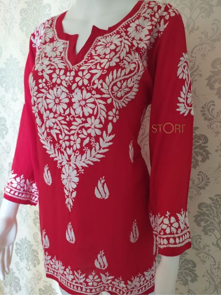 Neevya Red Soft Modal Handcrafted Short Chikankari Kurti