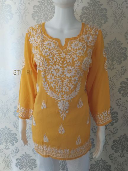 Neevya Mango Yellow Soft Modal Handcrafted Short Chikankari Kurti