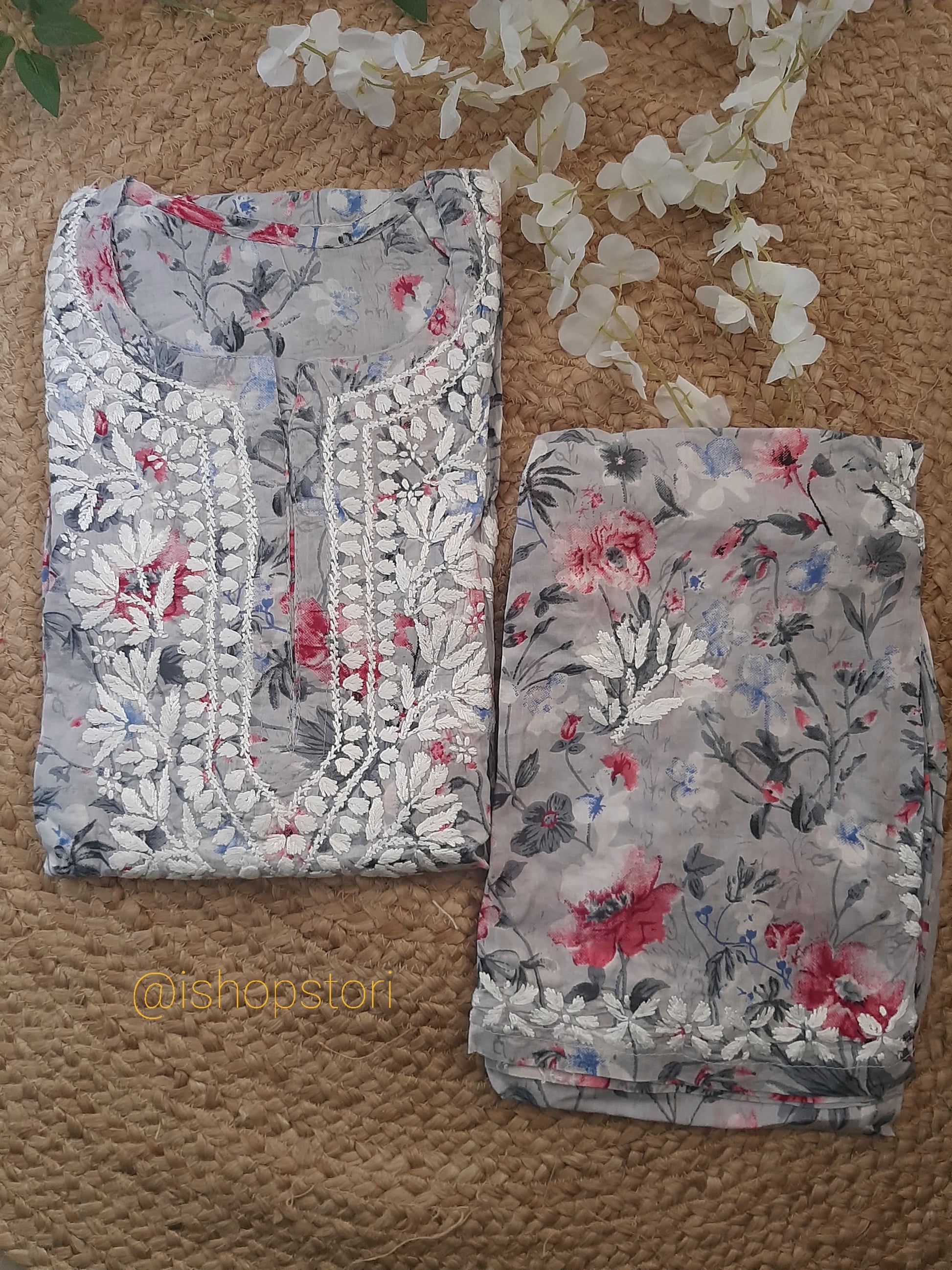 Niha Printed Floral Cotton Mulmul Chikankari Kurti & Palazzo Set