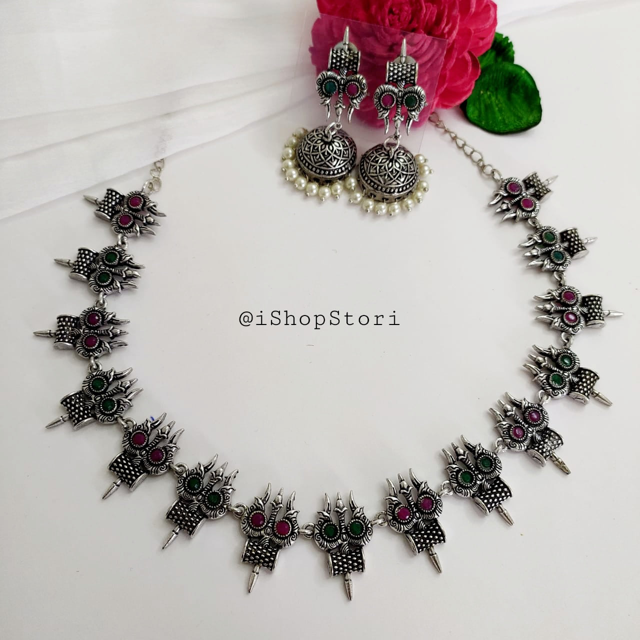 Trishul Oxidised Necklace With Jhumki Earrings