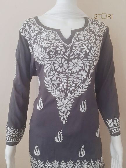 Neevya Grey Soft Modal Handcrafted Short Chikankari Kurti