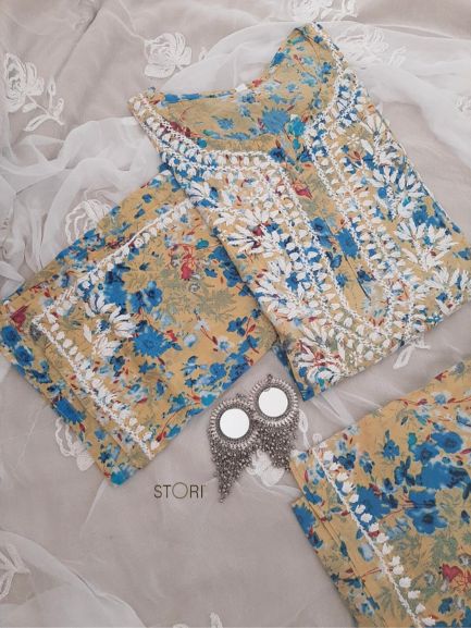 Niha Brown Multicolor Print Cotton Mulmul Chikankari Kurti & Palazzo Set