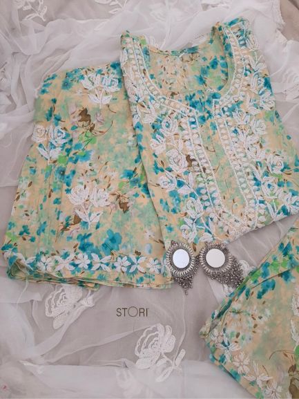 Niha Beige & Green Cotton Mulmul Chikankari Kurti & Palazzo Set