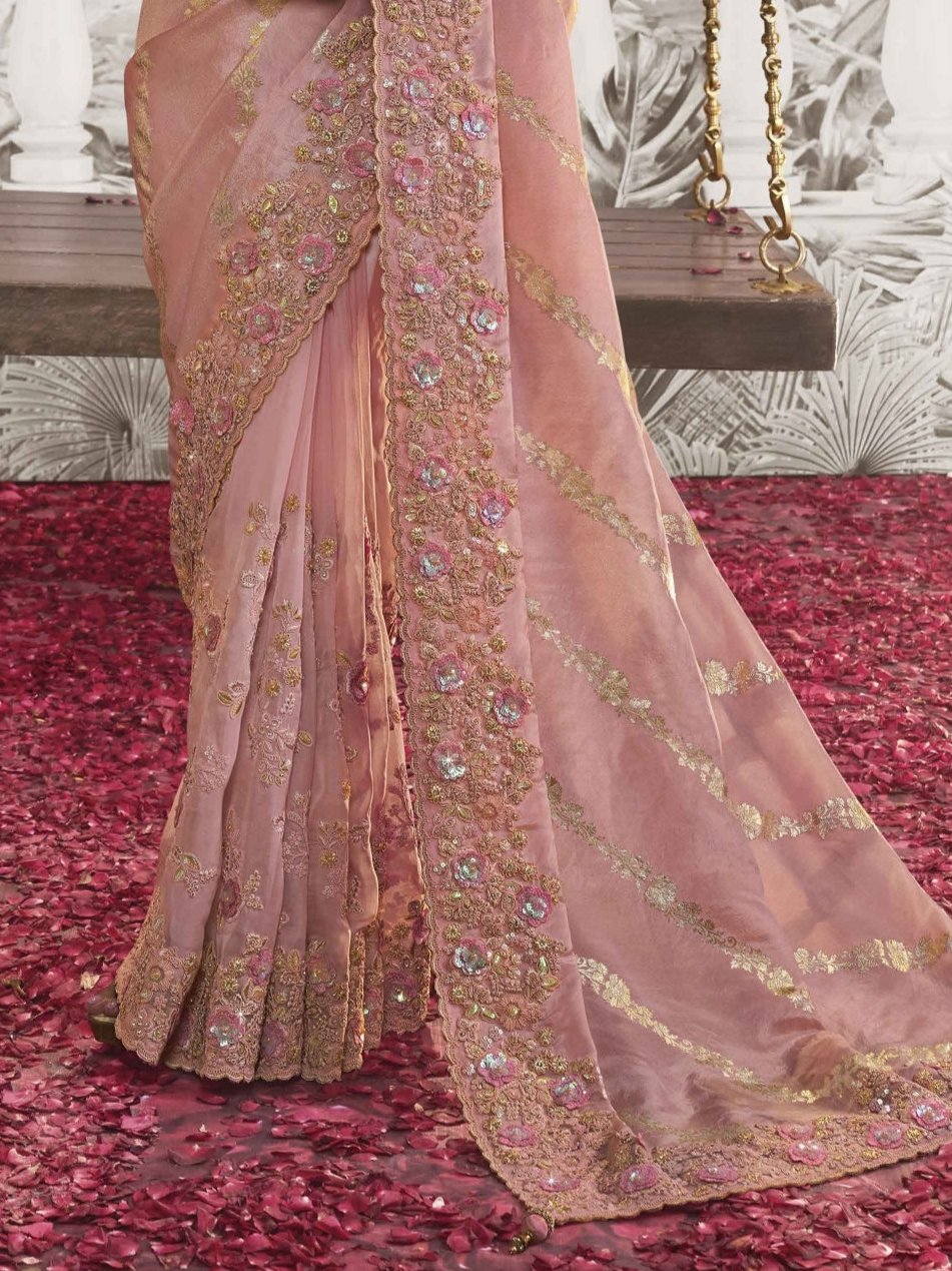 Blush Pink Heavy Embroidered Designer Silk Saree