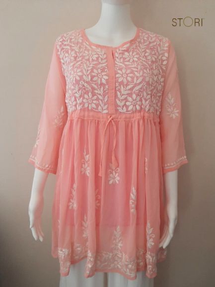 Nora Peach Short Georgette Chikankari Kurti