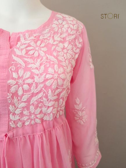 Nora Rose Pink Short Georgette Chikankari Kurti