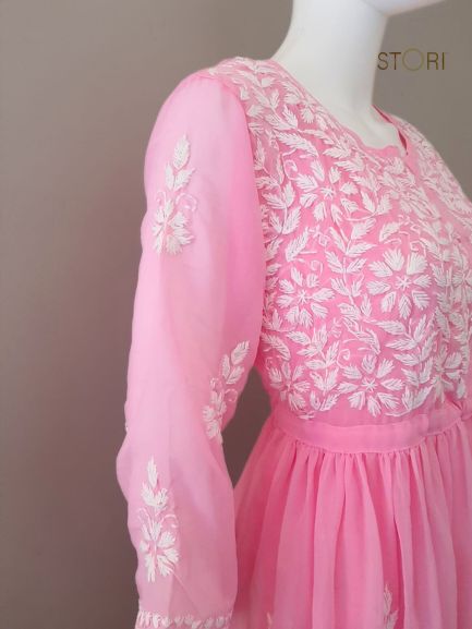 Nora Rose Pink Short Georgette Chikankari Kurti