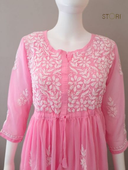 Nora Rose Pink Short Georgette Chikankari Kurti