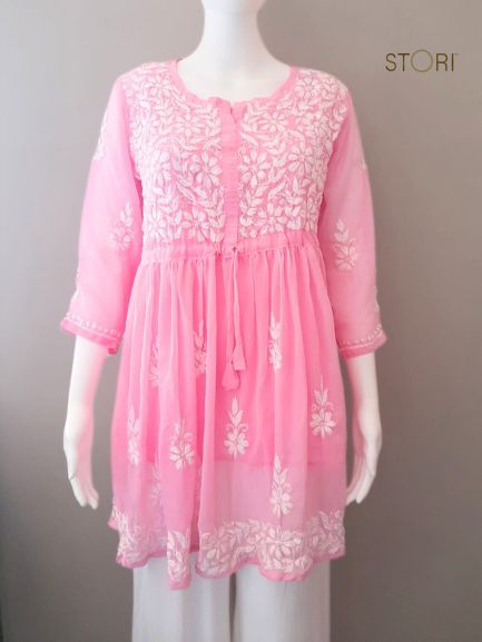 Nora Rose Pink Short Georgette Chikankari Kurti