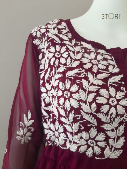 Nora Wine Short Georgette Chikankari Kurti