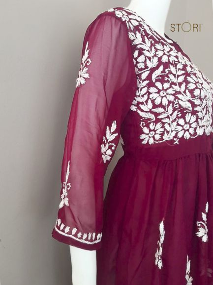 Nora Wine Short Georgette Chikankari Kurti