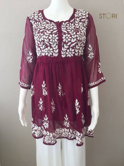 Nora Wine Short Georgette Chikankari Kurti