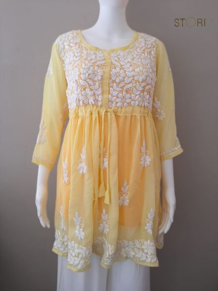 Nora Yellow Short Georgette Chikankari Kurti