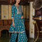 Sapphire Blue Designer Rayon Straight Embroidered Kurti Sharara Set With Chiffon Dupatta