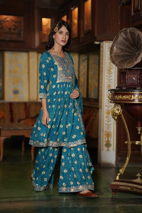 Sapphire Blue Designer Rayon Straight Embroidered Kurti Sharara Set With Chiffon Dupatta